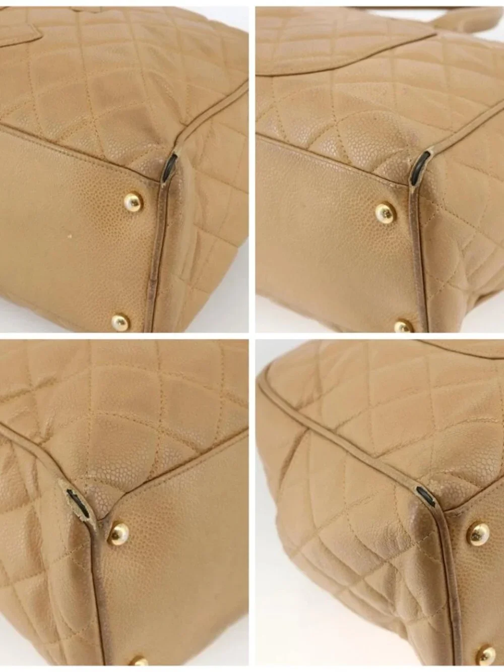 CHANEL Matelasse Boston Bag Grained Calf Skin Beige Gold CC Auth mr2295